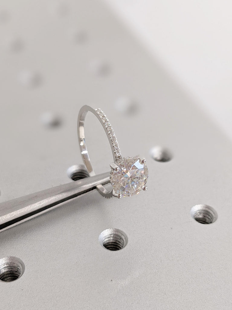 Lab Diamond Engagement Ring with Round Cut Center | Hidden Halo Setting | Half Eternity Pave Band | 14K White Gold Wedding Ring for Brides