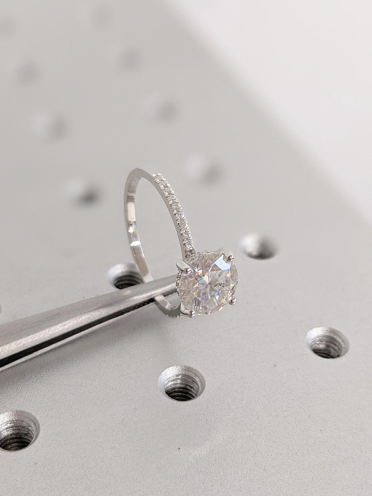 Lab Diamond Engagement Ring with Round Cut Center, Hidden Halo Design, Half Eternity 14K White Gold Bridal Ring image #4