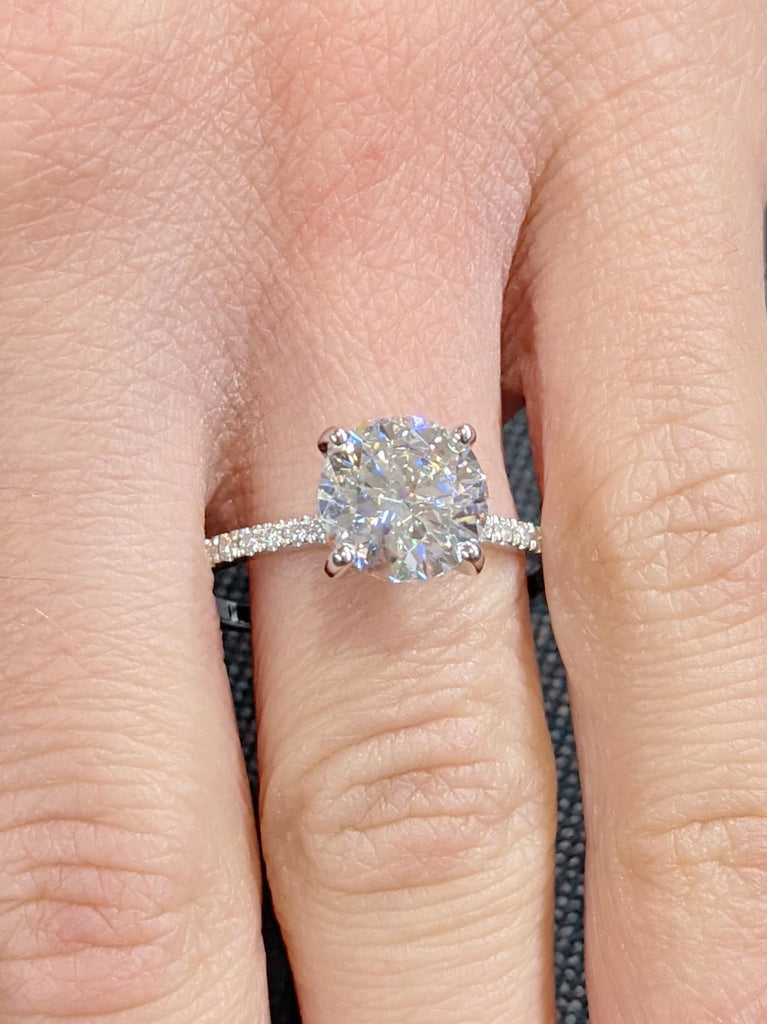 Lab Diamond Engagement Ring with Round Cut Center | Hidden Halo Setting | Half Eternity Pave Band | 14K White Gold Wedding Ring for Brides