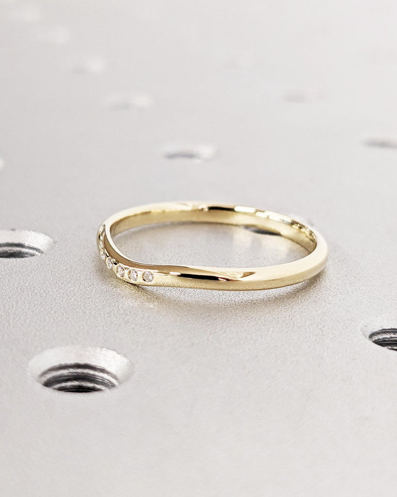 5 Stone Wedding Band | 14k Solid Yellow Gold | Five Stone Flush Set Natural Diamonds, Lab Diamonds or Moissanites | 2mm Thin Stackable Ring