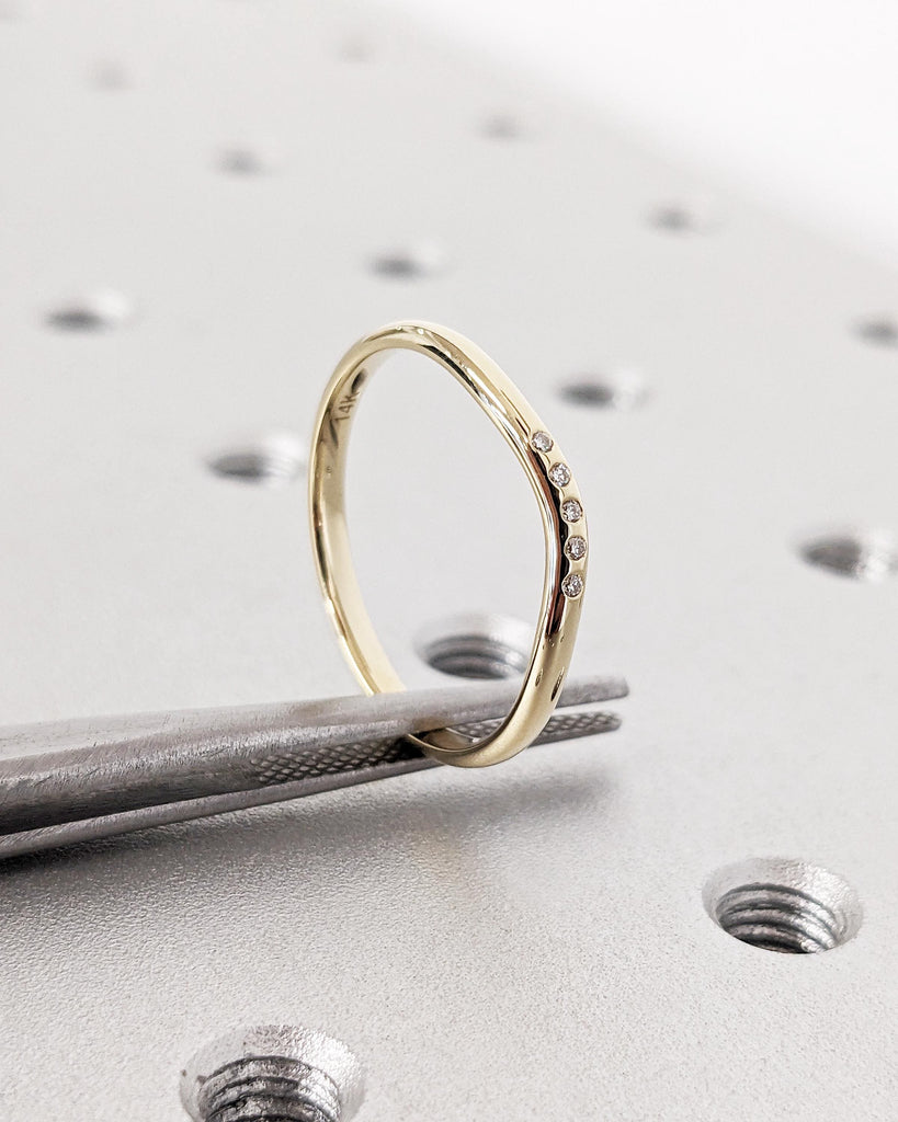 5 Stone Wedding Band | 14k Solid Yellow Gold | Five Stone Flush Set Natural Diamonds, Lab Diamonds or Moissanites | 2mm Thin Stackable Ring