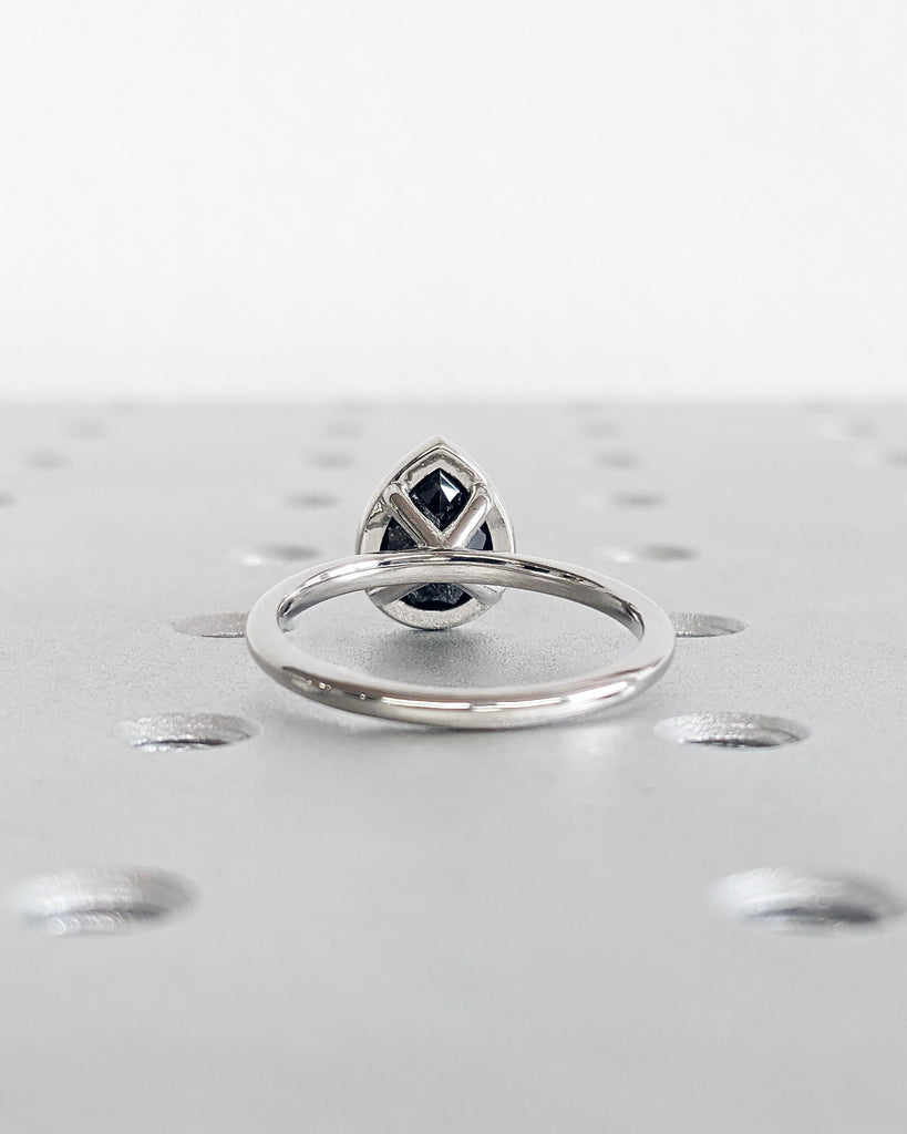 Pear Cut Bezel Set Ring, Vintage Salt and Pepper Diamond Wedding Ring, Solitaire Minimalist Ring, Platinum Engagement Ring