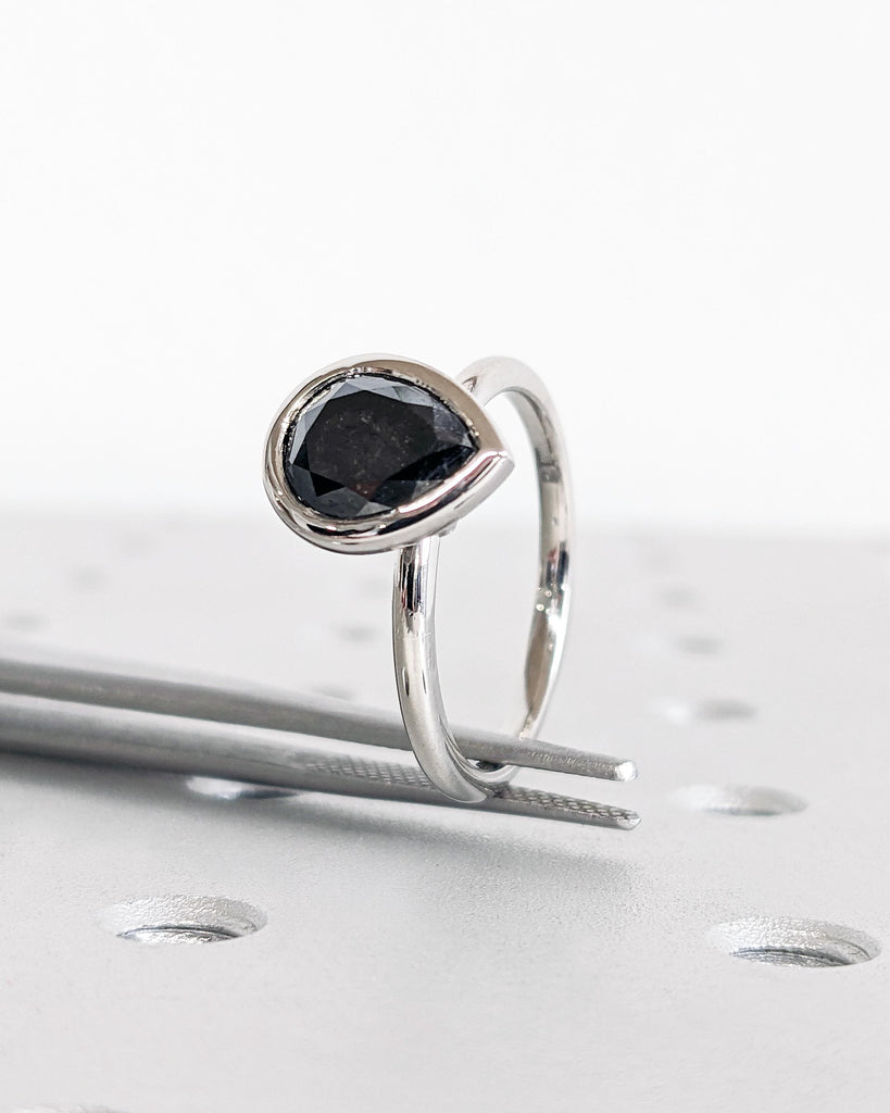 Pear Cut Salt and Pepper Diamond Solitaire Ring | Platinum Engagement Ring | Bezel Ring | 14K Gold Vintage Statement Ring | Gift For Her