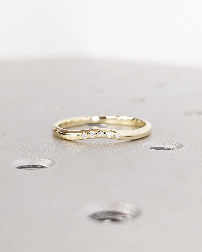 5 Stone Wedding Band | 14k Solid Yellow Gold | Five Stone Flush Set Natural Diamonds, Lab Diamonds or Moissanites | 2mm Thin Stackable Ring