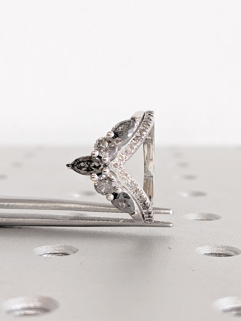 14K White Gold Ombre Diamond Wedding Band | Half Eternity Salt and Pepper Boho Chevron Stacking Ring | Unique Alternative Engagement Ring