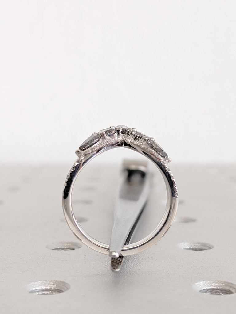 14K White Gold Ombre Diamond Wedding Band | Half Eternity Salt and Pepper Boho Chevron Stacking Ring | Unique Alternative Engagement Ring