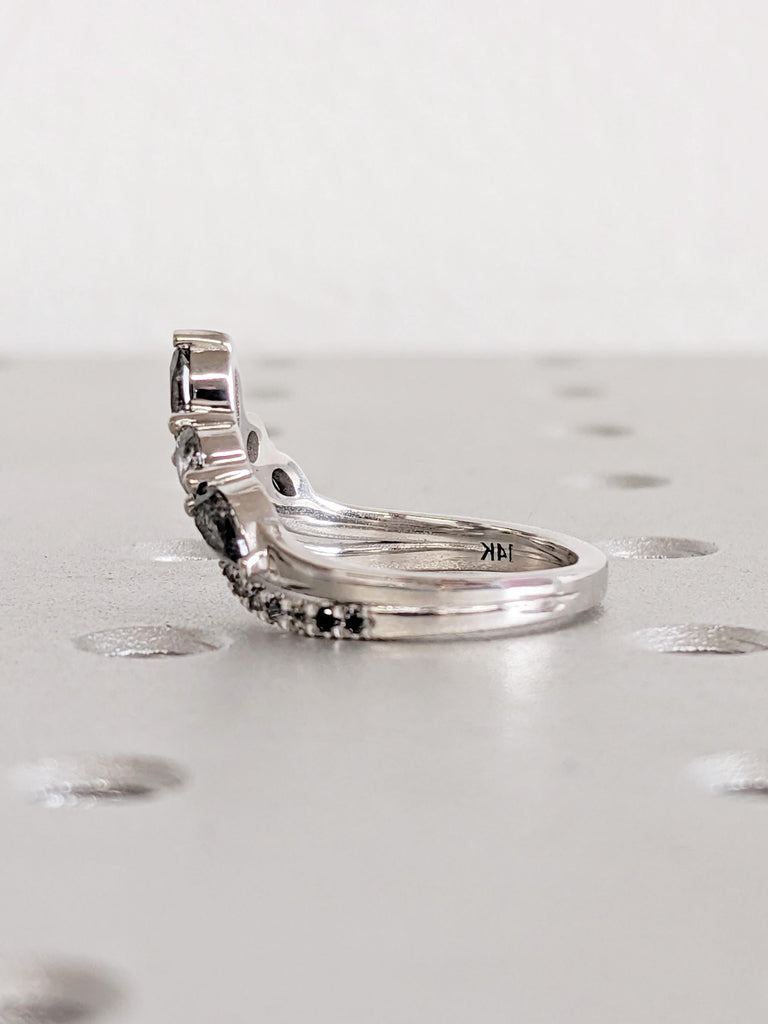 14K White Gold Ombre Diamond Wedding Band | Half Eternity Salt and Pepper Boho Chevron Stacking Ring | Unique Alternative Engagement Ring