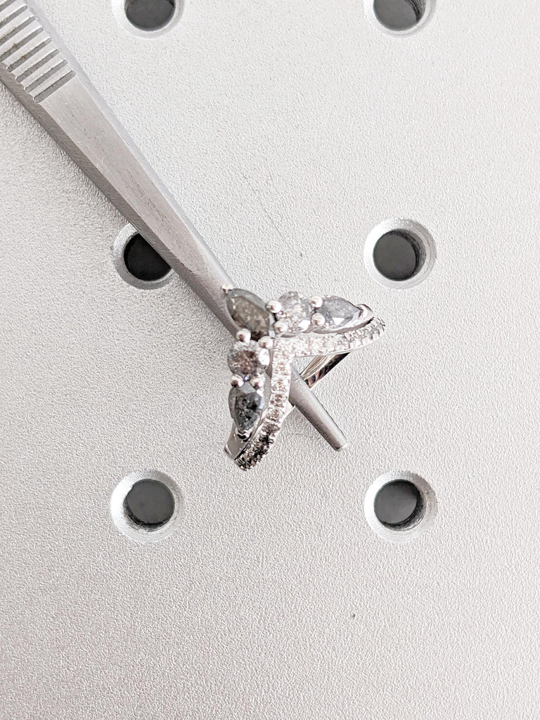 14K White Gold Ombre Diamond Wedding Band | Half Eternity Salt and Pepper Boho Chevron Stacking Ring | Unique Alternative Engagement Ring