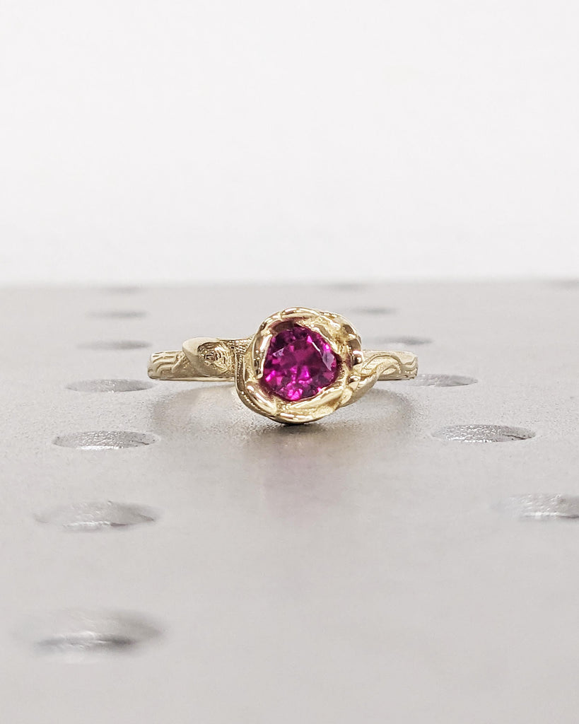 Red Ruby Flower Ring, Red Rose Ring, Round Lab Ruby Ring, Vintage Floral Ruby Ring, Nature Engagement Ring, 14K Yellow Gold