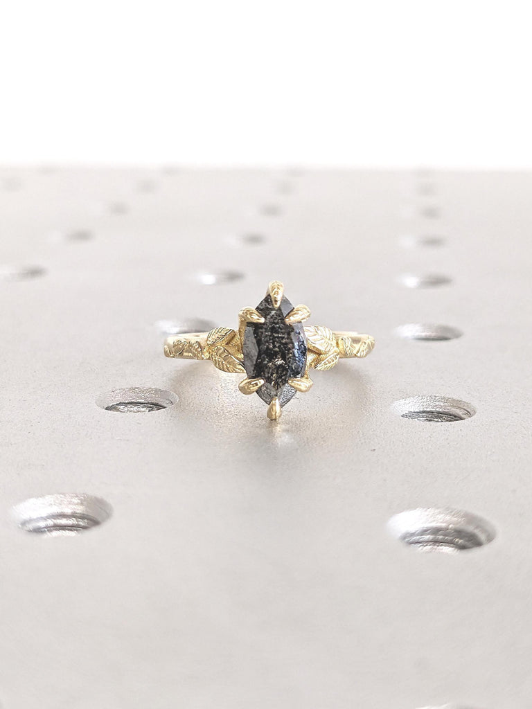 Salt and Pepper Diamond Ring, Floral Ring, 14k Solid Gold Ring, Marquise Engagement Ring