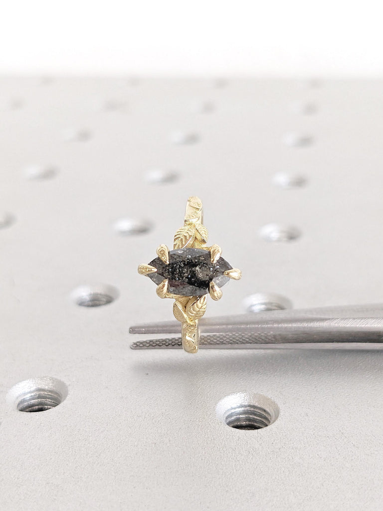 Salt and Pepper Diamond Ring, Floral Ring, 14k Solid Gold Ring, Marquise Engagement Ring