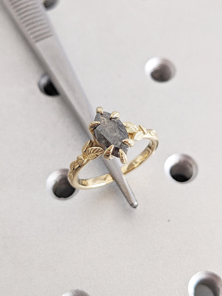 Nature Inspired Ring, Marquise Cut Salt and Pepper Diamond Engagement Ring