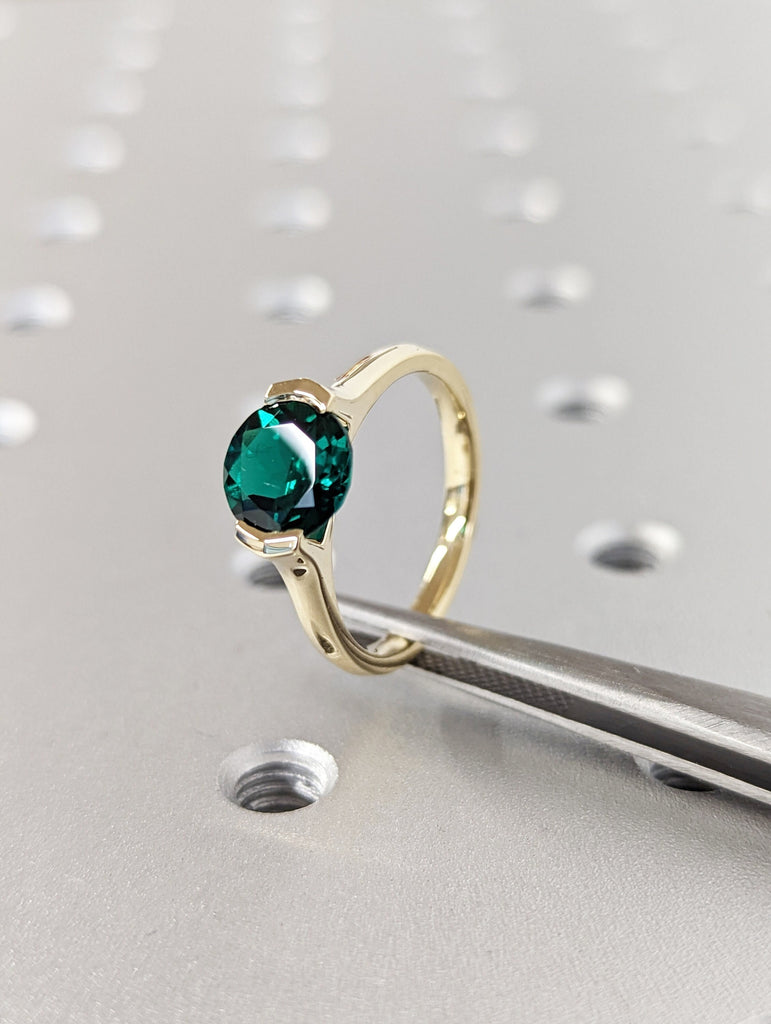 Solid Gold Lab Emerald Engagement Ring | 8mm Green Gemstone Birthstone Ring | Knife Edge Band Tension Setting Ring