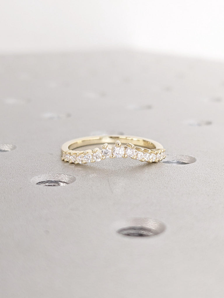 14K Yellow Gold Diamond Matching Band | Round Cut Diamond Wedding Band | Vintage Curved Bridal Ring Stacking | Art Deco Dainty Matching Ring