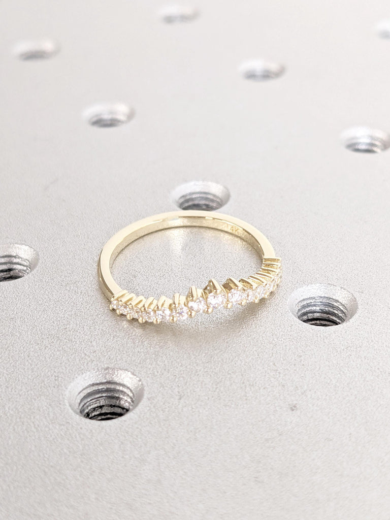 14K Yellow Gold Diamond Matching Band | Round Cut Diamond Wedding Band | Vintage Curved Bridal Ring Stacking | Art Deco Dainty Matching Ring