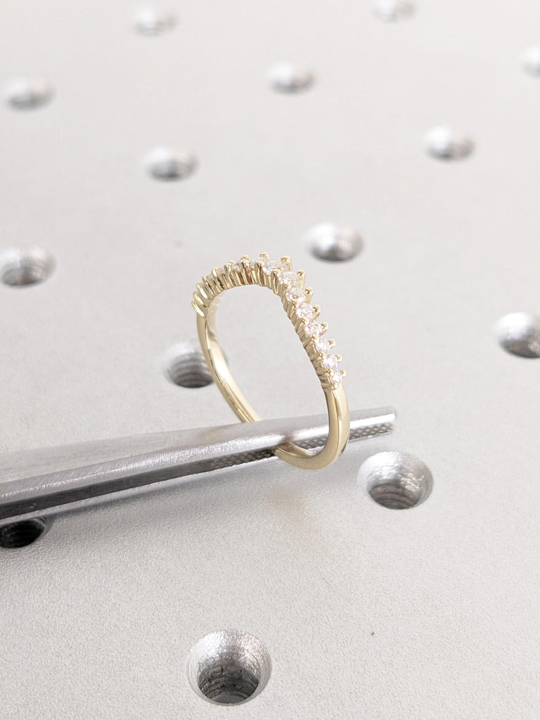 14K Yellow Gold Diamond Matching Band | Round Cut Diamond Wedding Band | Vintage Curved Bridal Ring Stacking | Art Deco Dainty Matching Ring