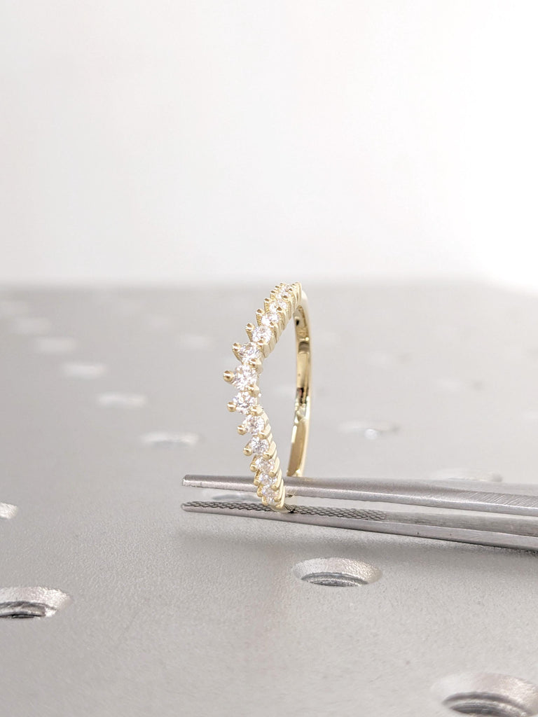14K Yellow Gold Diamond Matching Band | Round Cut Diamond Wedding Band | Vintage Curved Bridal Ring Stacking | Art Deco Dainty Matching Ring