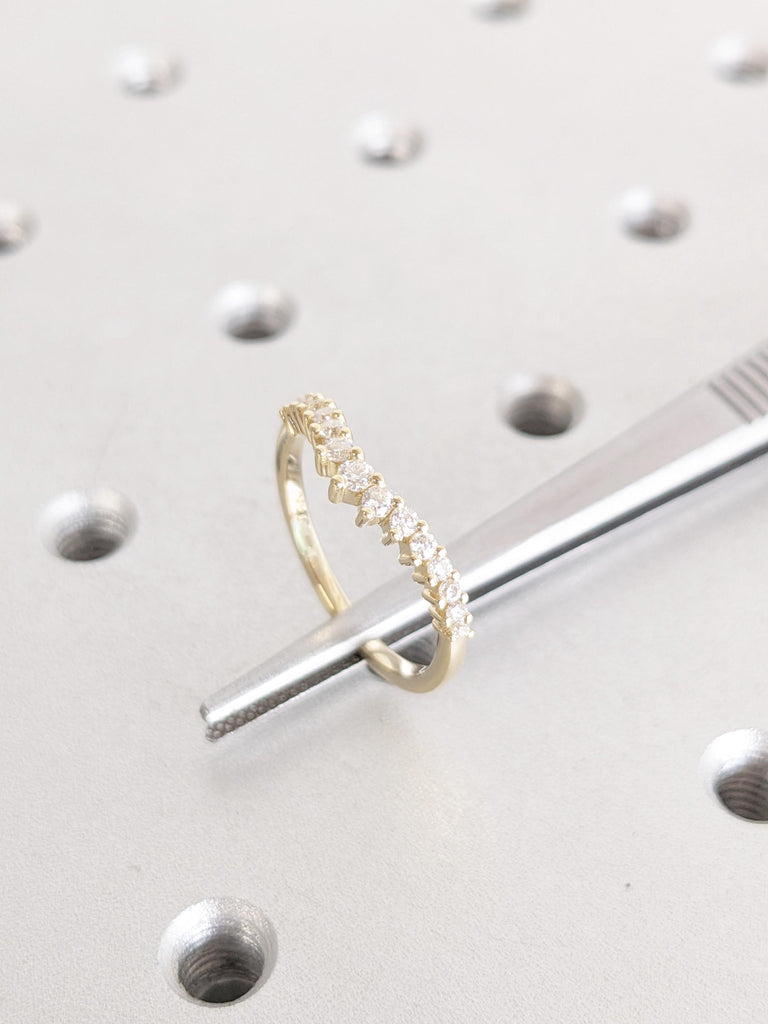 14K Yellow Gold Diamond Matching Band | Round Cut Diamond Wedding Band | Vintage Curved Bridal Ring Stacking | Art Deco Dainty Matching Ring