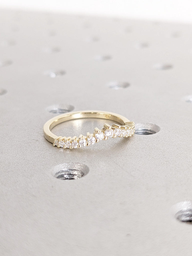 14K Yellow Gold Diamond Matching Band | Round Cut Diamond Wedding Band | Vintage Curved Bridal Ring Stacking | Art Deco Dainty Matching Ring