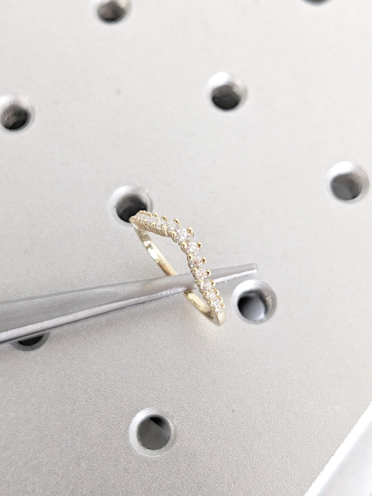 14K Yellow Gold Diamond Matching Band | Round Cut Diamond Wedding Band | Vintage Curved Bridal Ring Stacking | Art Deco Dainty Matching Ring