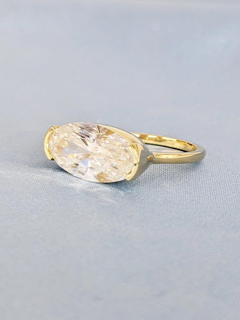 Elongated Oval Moissanite Ring, 14k Solid Gold Engagement Ring, Half Bezel Ring, Solitaire Ring