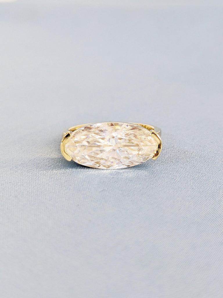 Elongated Oval Moissanite Ring, 14k Solid Gold Engagement Ring, Half Bezel Ring, Solitaire Ring