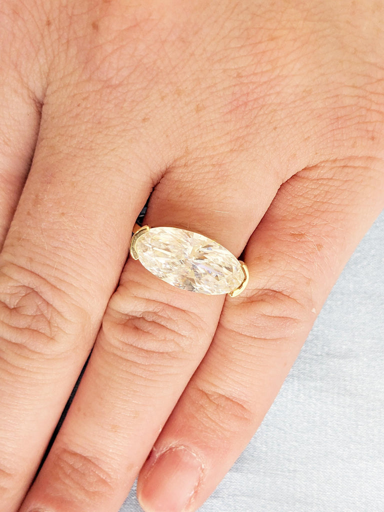 Elongated Oval Moissanite Ring, 14k Solid Gold Engagement Ring, Half Bezel Ring, Solitaire Ring
