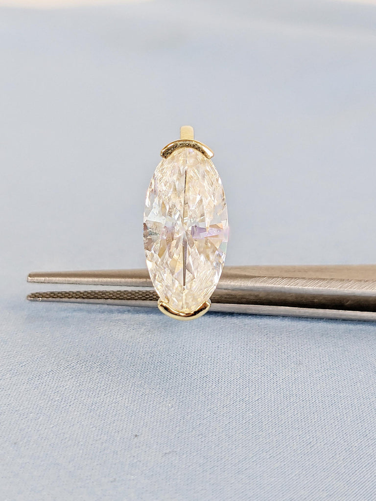 Elongated Oval Moissanite Ring, 14k Solid Gold Engagement Ring, Half Bezel Ring, Solitaire Ring