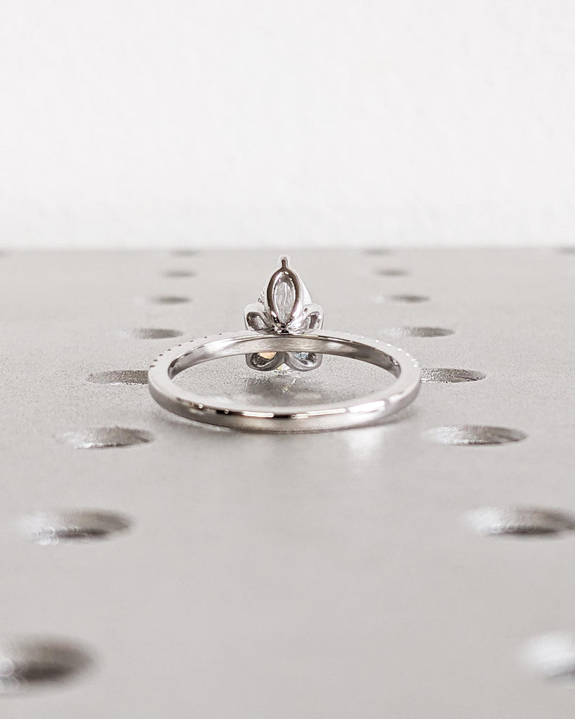 Tulip Petal Flower Basket Setting Engagement Ring, Pear Cut Lab Diamond Ring, Solitaire Wedding Ring, Nature Promise Ring, 14K White Gold