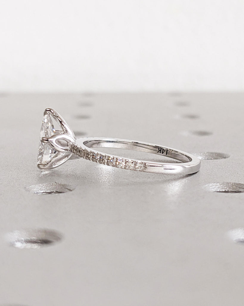 Tulip Petal Flower Basket Setting Engagement Ring, Pear Cut Lab Diamond Ring, Solitaire Wedding Ring, Nature Promise Ring, 14K White Gold