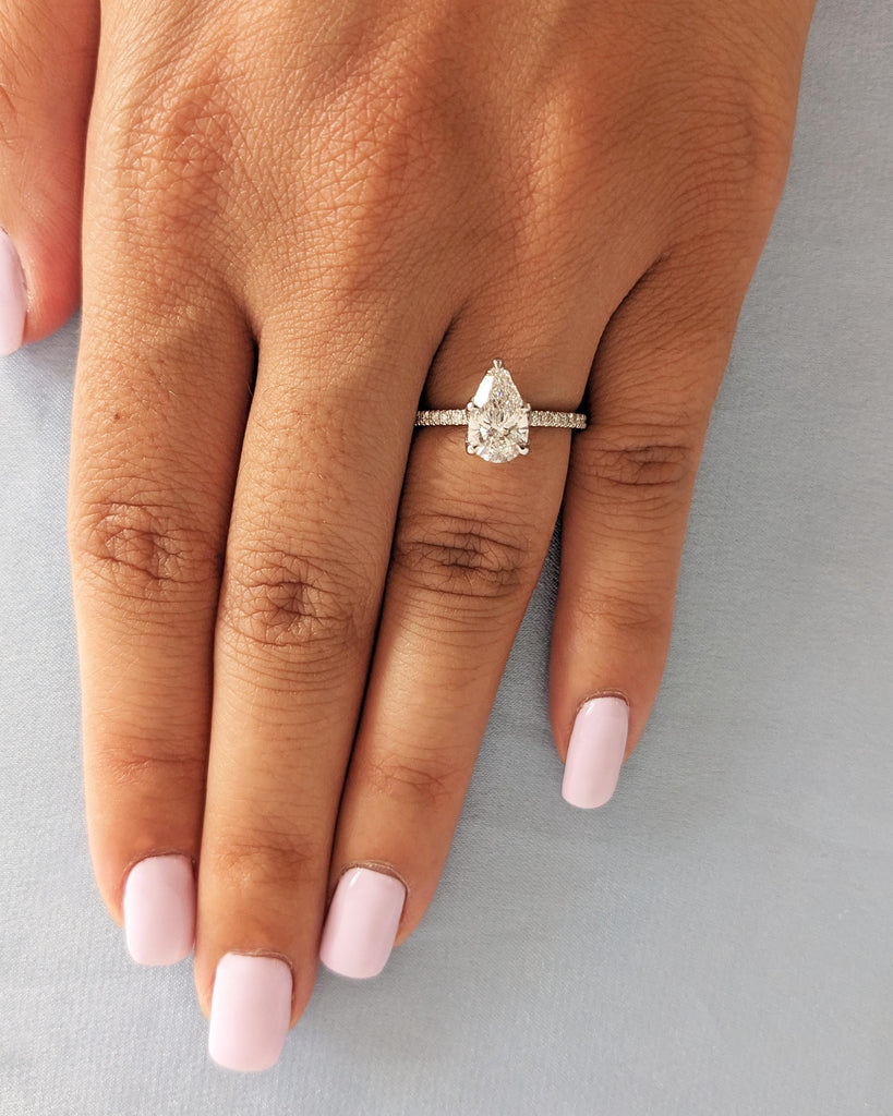 Tulip Petal Flower Basket Setting Engagement Ring, Pear Cut Lab Diamond Ring, Solitaire Wedding Ring, Nature Promise Ring, 14K White Gold