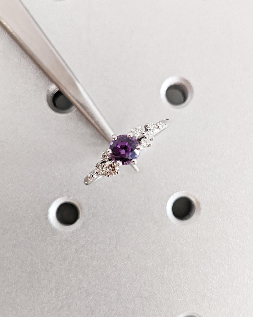 Vintage Round cut Alexandrite Engagement Ring | 14K White Gold Ring | Unique Snowdrift Diamond Cluster Promise Ring | Wedding Ring for Her