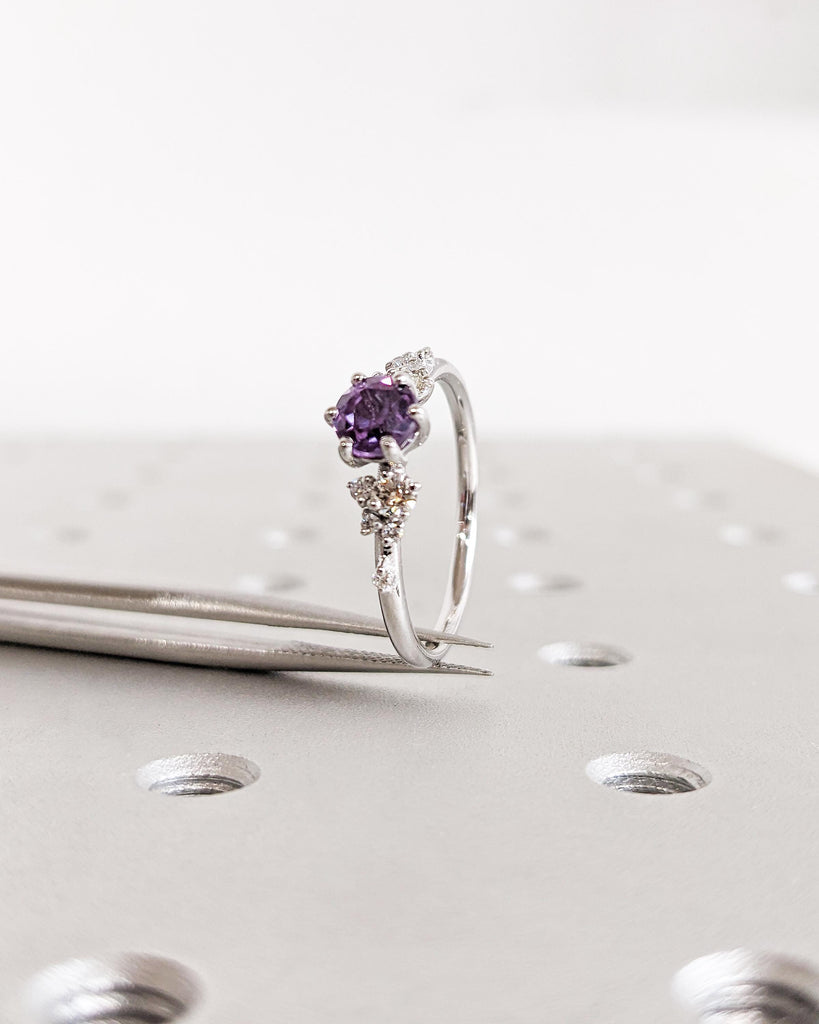 Vintage Round cut Alexandrite Engagement Ring | 14K White Gold Ring | Unique Snowdrift Diamond Cluster Promise Ring | Wedding Ring for Her