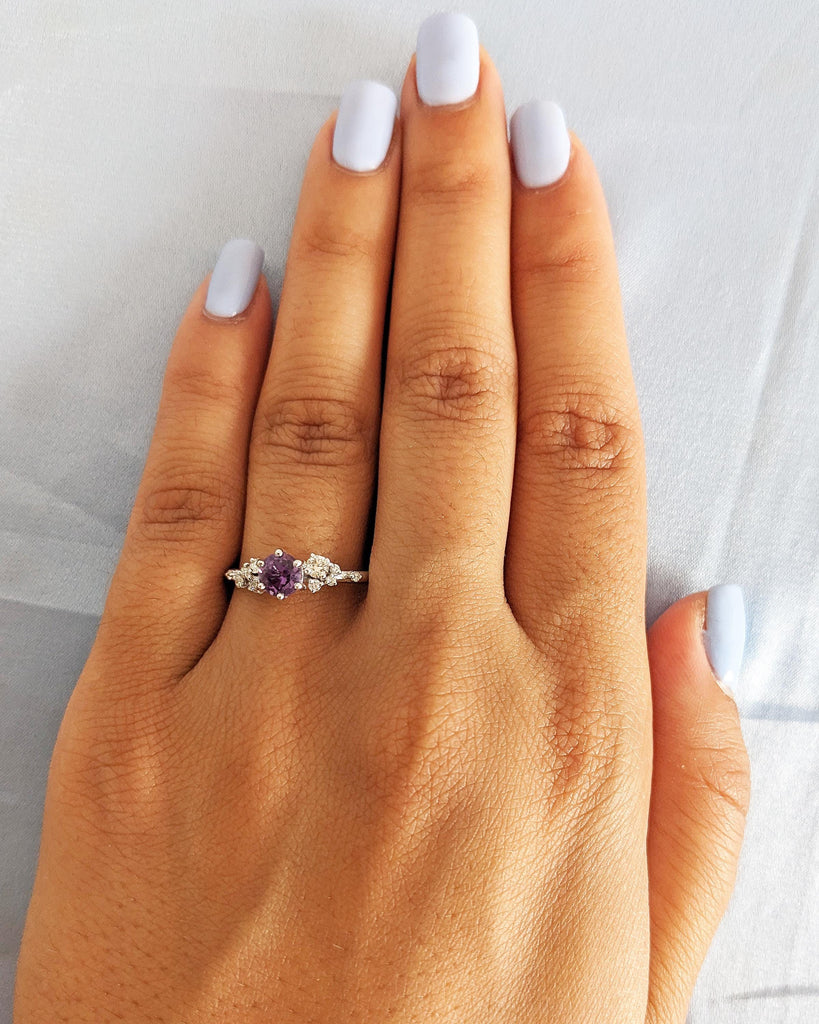 Vintage Round cut Alexandrite Engagement Ring | 14K White Gold Ring | Unique Snowdrift Diamond Cluster Promise Ring | Wedding Ring for Her