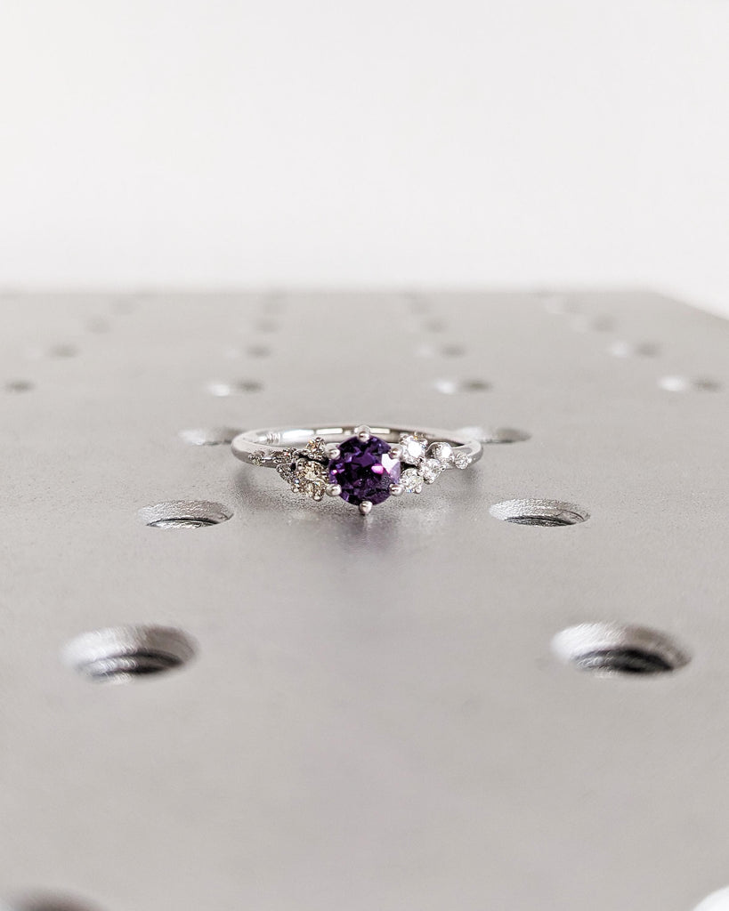 Vintage Round cut Alexandrite Engagement Ring | 14K White Gold Ring | Unique Snowdrift Diamond Cluster Promise Ring | Wedding Ring for Her
