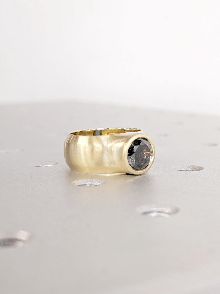 14K Yellow Gold Salt and Pepper Diamond Engagement Ring | Bezel Set Unique Wedding Ring | Rustic Modern Solitaire Alternative Bridal Jewelry