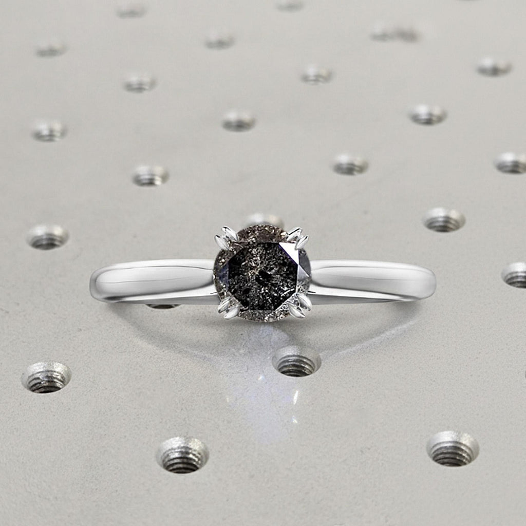 Unique Salt and Pepper Diamond Engagement Ring | 14k White Gold Wedding Anniversary Ring | Round cut Natural Grey Diamond Solitaire Ring