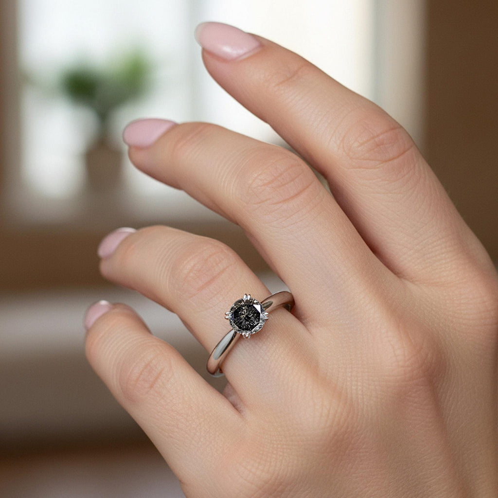 Galaxy Raw Salt and Pepper Diamond Ring- Round Cut Diamond Engagement Rings- Unique Bridal Diamond Promise Ring, White Gold