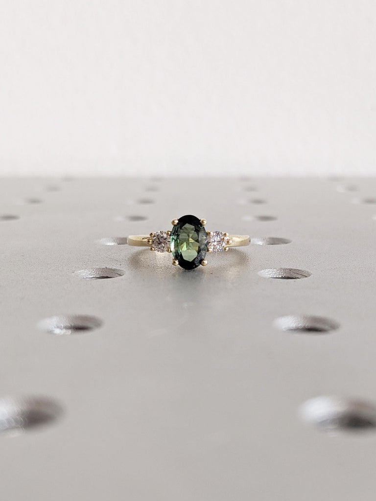 1ct Green Sapphire Ring, 14k Yellow Gold Engagement Ring, Gemstone Ring, Oval Ring, Three Stone Sapphire and Diamond Ring, Birthstone Ring