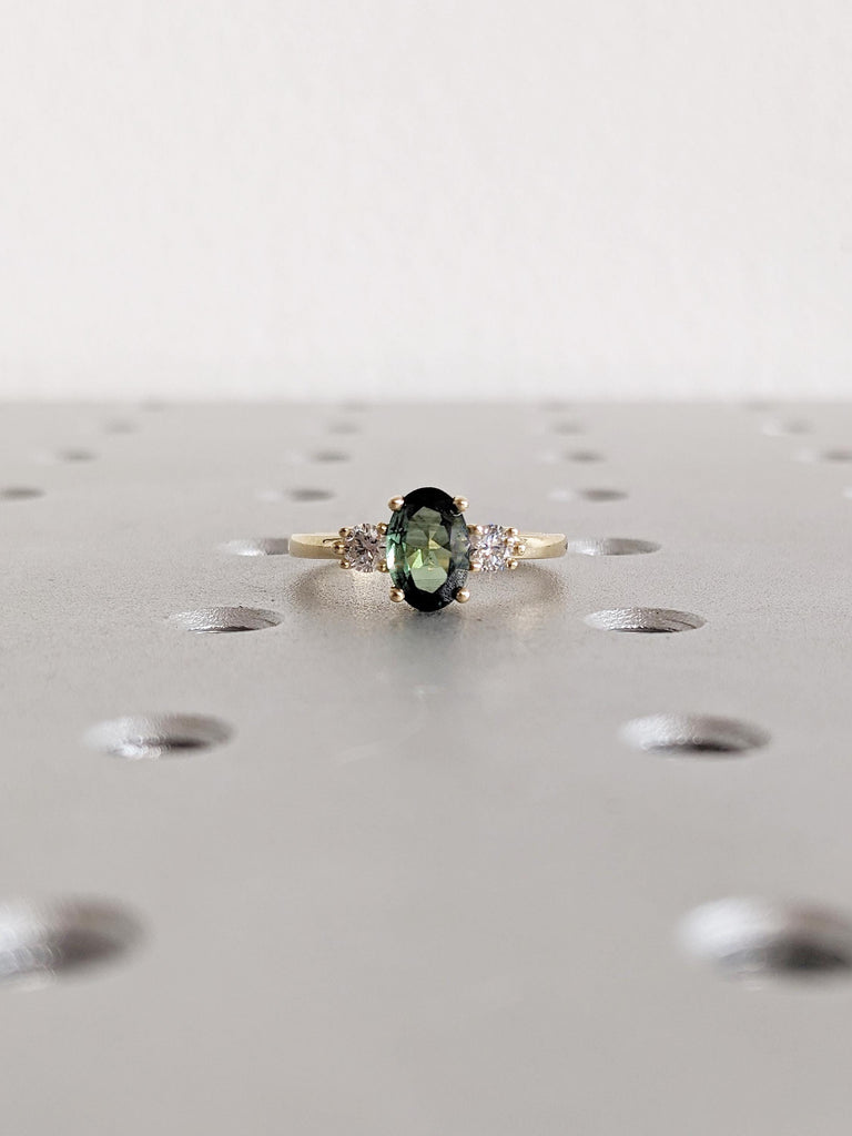 Natural Sapphire Engagement Ring, 14k Solid Gold Ring, Diamond and Green Sapphire Ring