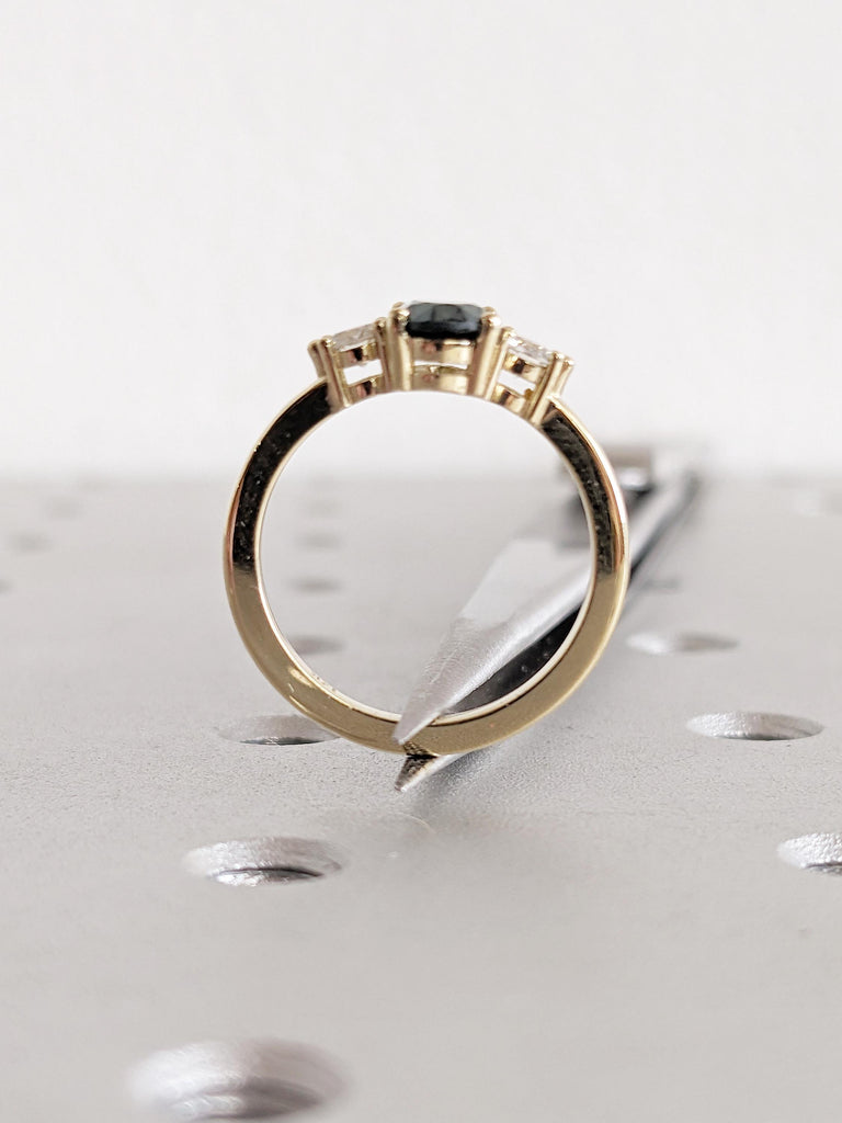 1ct Green Sapphire Ring, 14k Yellow Gold Engagement Ring, Gemstone Ring, Oval Ring, Three Stone Sapphire and Diamond Ring, Birthstone Ring