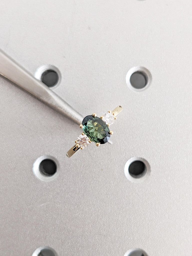 1ct Green Sapphire Ring, 14k Yellow Gold Engagement Ring, Gemstone Ring, Oval Ring, Three Stone Sapphire and Diamond Ring, Birthstone Ring