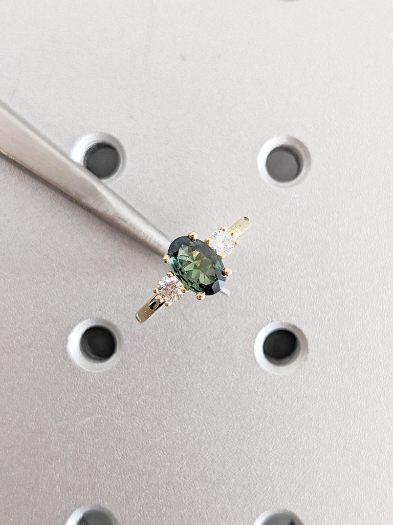 Natural Sapphire Engagement Ring, 14k Solid Gold Ring, Diamond and Green Sapphire Ring