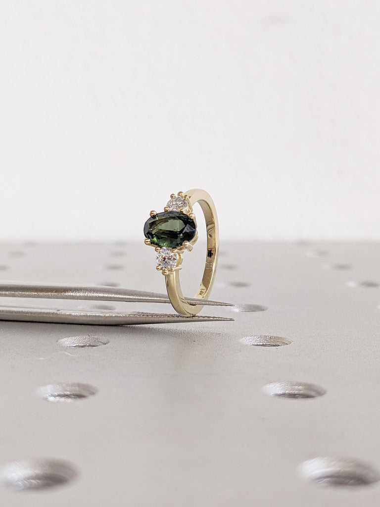 1ct Green Sapphire Ring, 14k Yellow Gold Engagement Ring, Gemstone Ring