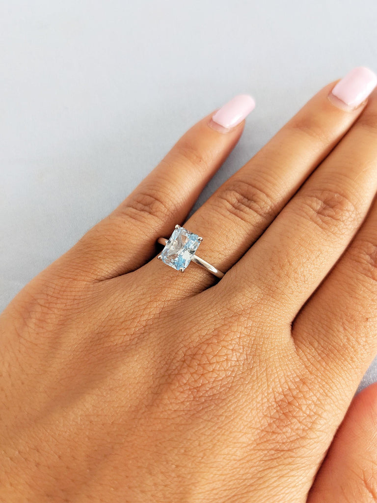 Radiant Cut Lab Aquamarine Engagement Ring, 14k White Gold Solitaire Ring, Blue Aquamarine Ring, Gemstone Ring, Wedding Anniversary Ring