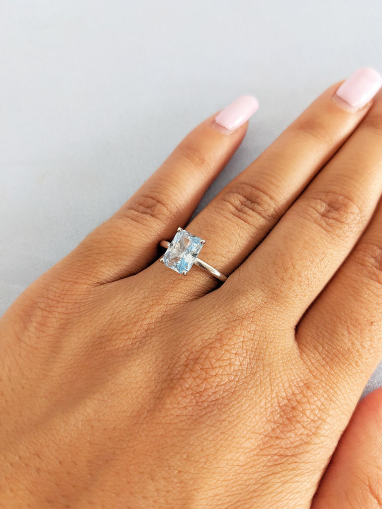 Vintage Aquamarine Ring, 14k White Gold Engagement Ring, Minimalist Ring, Radiant Cut Ring