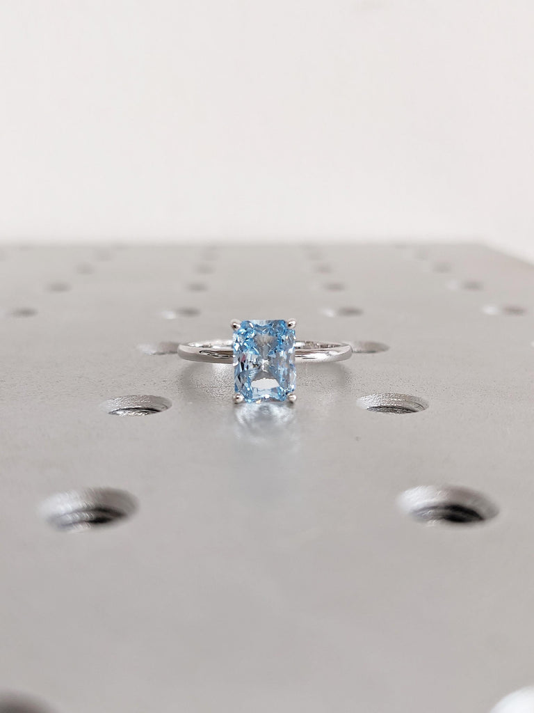Radiant Cut Lab Aquamarine Engagement Ring, 14k White Gold Solitaire Ring, Blue Aquamarine Ring, Gemstone Ring, Wedding Anniversary Ring