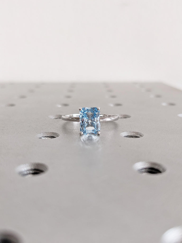 Radiant Cut Lab Aquamarine Engagement Ring, 14k White Gold Solitaire Ring, Blue Aquamarine Ring, Gemstone Ring, Wedding Anniversary Ring