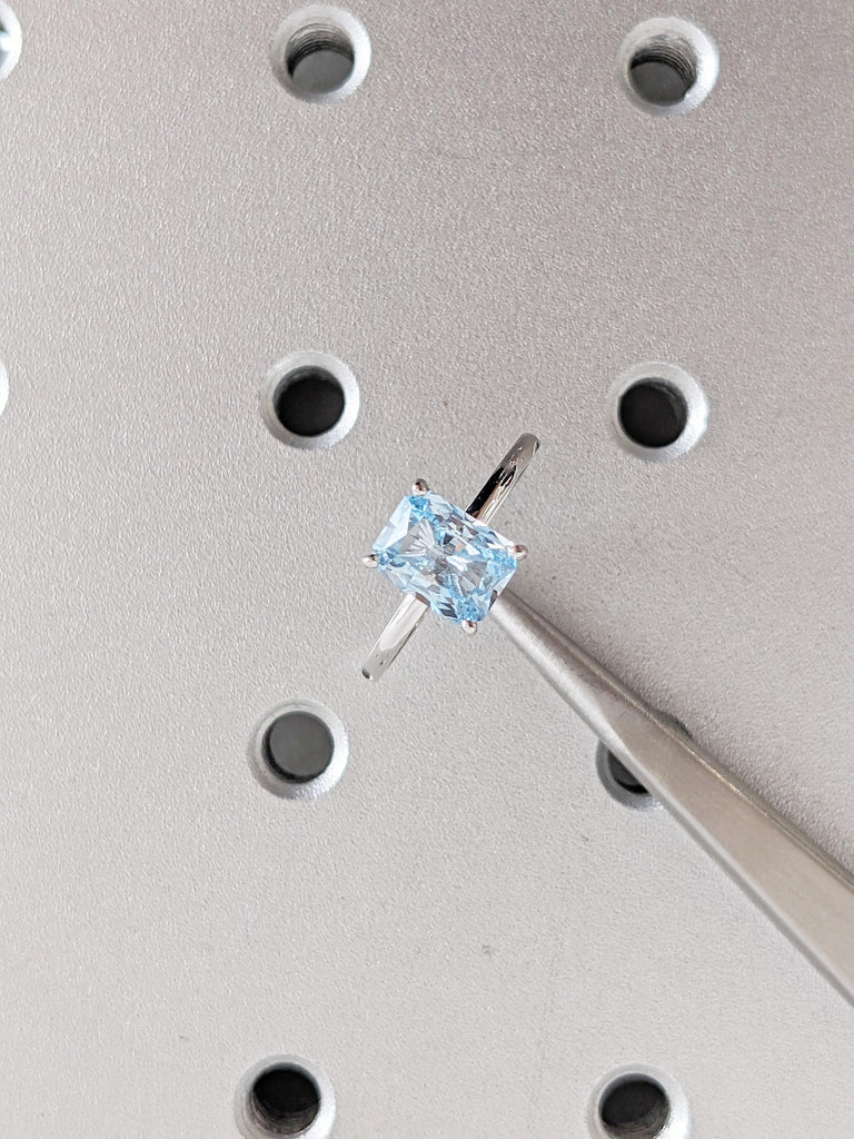 Radiant Cut Lab Aquamarine Engagement Ring, 14k White Gold Solitaire Ring