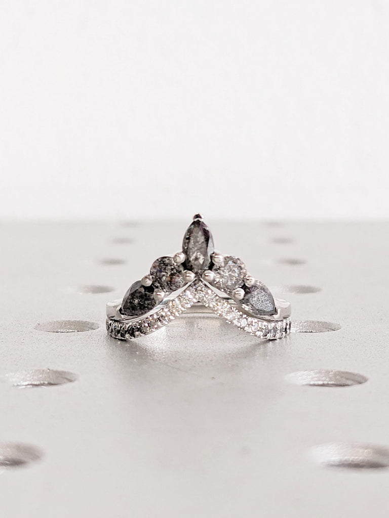 14K White Gold Ombre Diamond Wedding Band | Half Eternity Salt and Pepper Boho Chevron Stacking Ring | Unique Alternative Engagement Ring